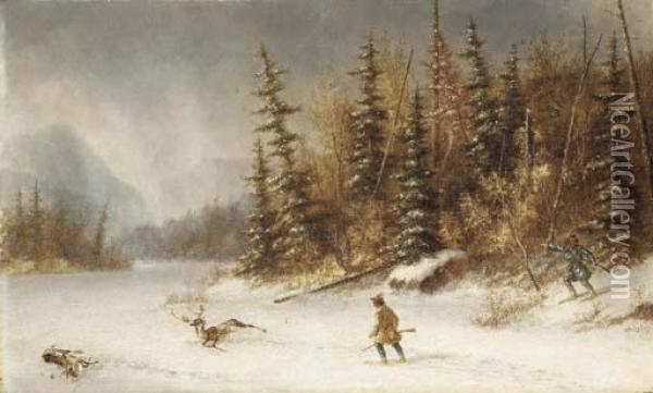 Deer Hunters In A Winter Landscape Oil Painting - Cornelius Krieghoff