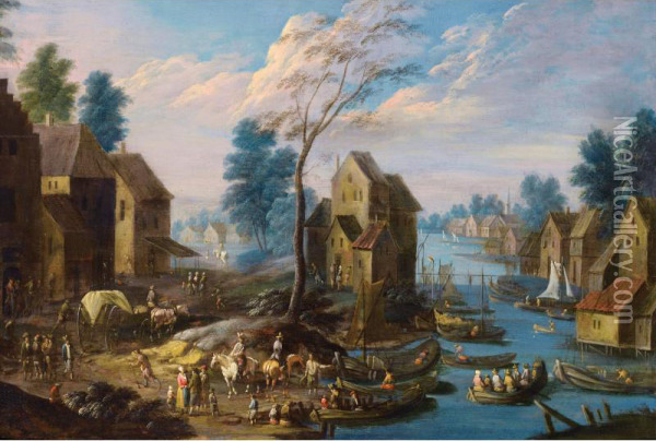 Cavaliers Et Embarcations Dans Un Village Pres D'une Riviere Oil Painting - Monogramme: M.B.