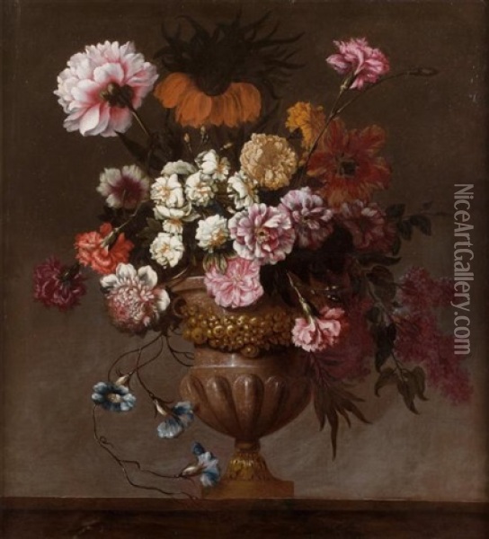 Bouquet De Fleurs Dans Un Vase Sur Un Entablement Oil Painting - Jean-Baptiste Belin de Fontenay the Younger