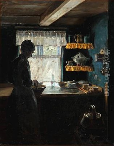 A Woman In A Kitchen Oil Painting - Fritz Kraul