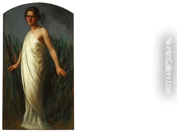 A Woman In Classical Dress Walking In Long Grass Oil Painting - Joseph Szermentovski