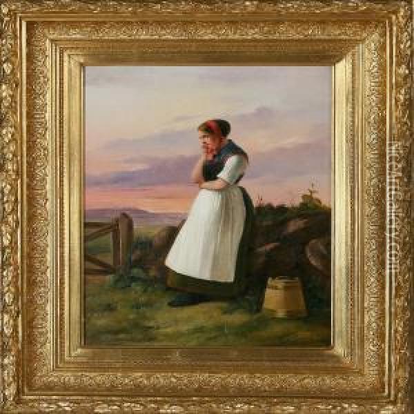 Thoughtful Peasantgirl Oil Painting - Christian Andreas Schleisner