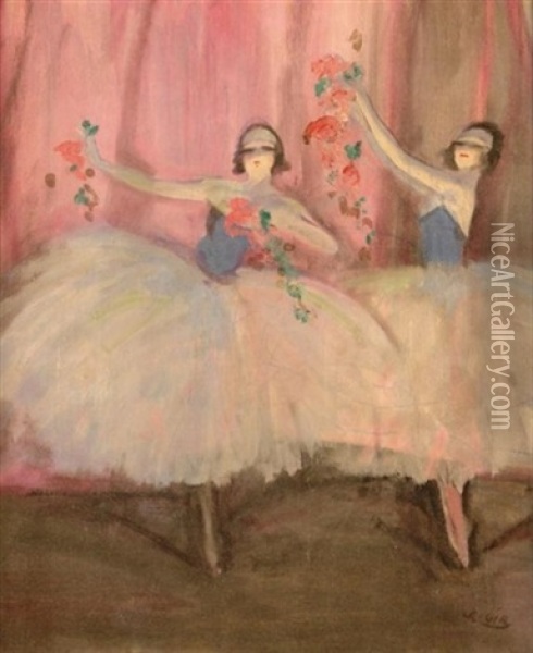 Ballerinas Auf Der Buhne, Blumenbouquets In Handen Haltend Oil Painting - Charles (Felix) Gir