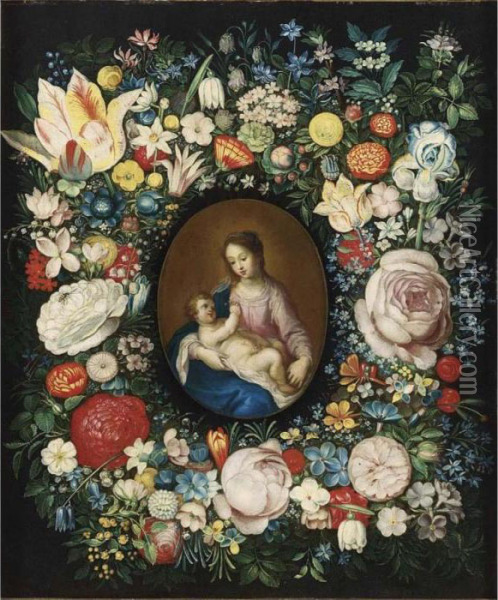 A Garland Of Roses, Tulips And 
Other Flowers Surrounding A Medallion Of The Virgin And Child Oil Painting - Frans II Francken