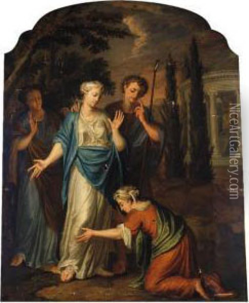 A Peasant Making Supplications To Woman And Attendants, A Templedevoted To Diana Beyond Oil Painting - Jacopo (Giacomo) Amigoni