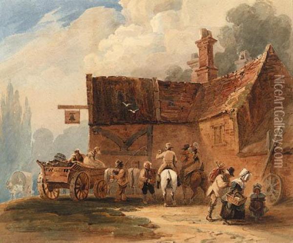 Figures And A Waggon Outside The Bell Inn Oil Painting - Luke Clennell