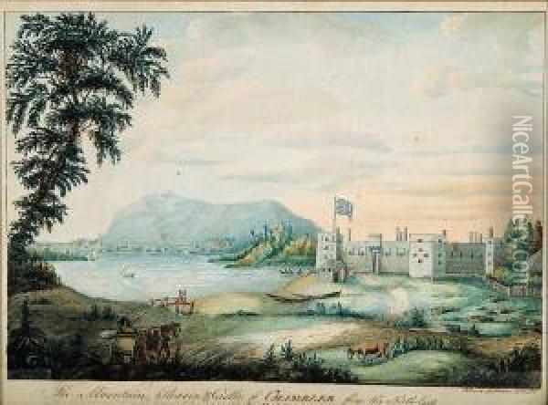 The Mountain, Basin And Castle Of Chamblee [chambly] From The North-east Lat. 45.25 N. Long 73.10 W Oil Painting - Edward Walsh