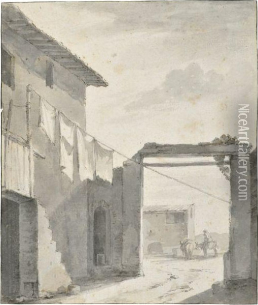 An Italianate Courtyard, With Washing Hung Out To Dry Oil Painting - Thomas Wyck