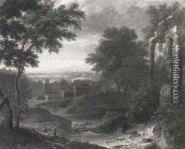 A River Landscape With Classical Ruins And Soldiers Resting By A Tree Oil Painting - Jan Baptiste Huysmans