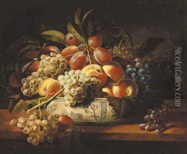 Plums, grapes, and peaches in a blue and white bowl on a table Oil Painting - Louise Moillon