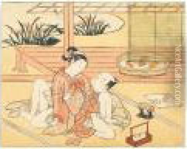 A Couple Enjoying Love Oil Painting - Suzuki Harunobu