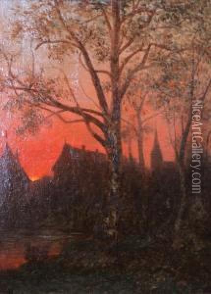 Solnedgang I En Tyskstad Oil Painting - Lars Teodor Billing