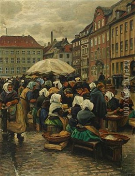 Scene From The Fish Market At Gl. Strand In Copenhagen Oil Painting - Emil Axel Krause
