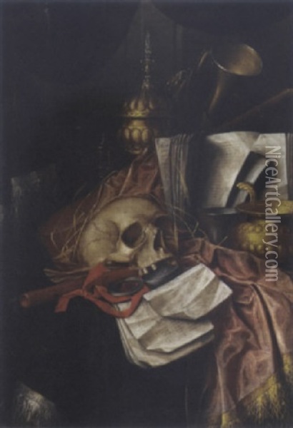 A Vanitas Still Life With A Skull, A Bokaal, A Pocket Watch, A Music Score And A Flute Oil Painting - Jacques Grief De Claeuw