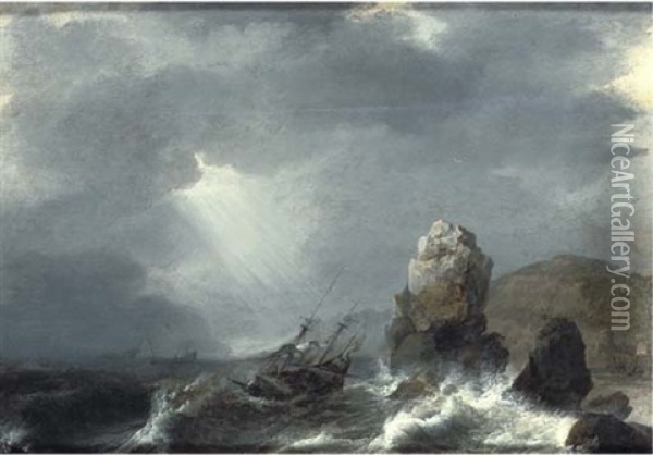 Shipping In Choppy Waters With A Rocky Coastal Landscape Beyond Oil Painting - Jan Theunisz Blankerhoff