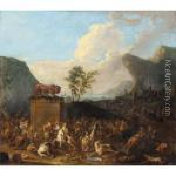 Cavalry Battle Before A Mediterranean Port Oil Painting - Karel Van Breydel (Le Chevalier)
