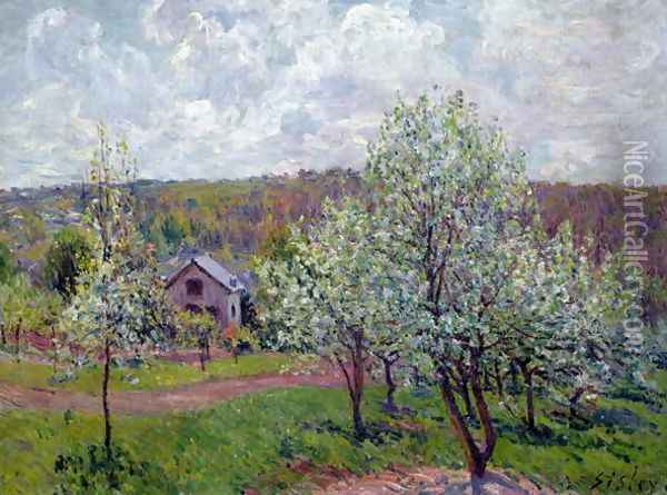 Spring in the Environs of Paris, Apple Blossom, 1879 Oil Painting - Alfred Sisley