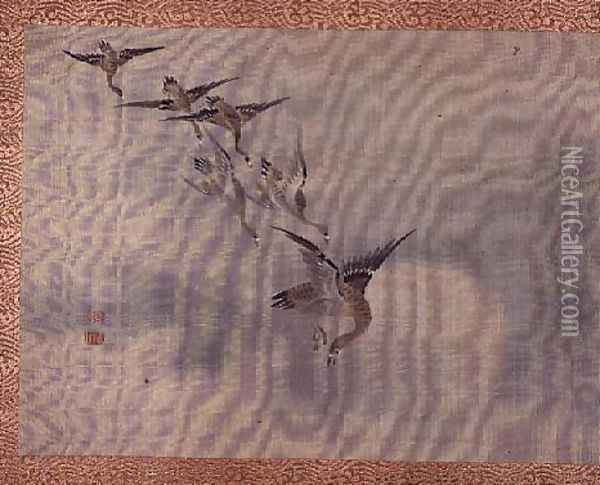 Flying Ducks, from an album of twelve studies of flowers, birds and fish Oil Painting - Tsubaki Chinzan