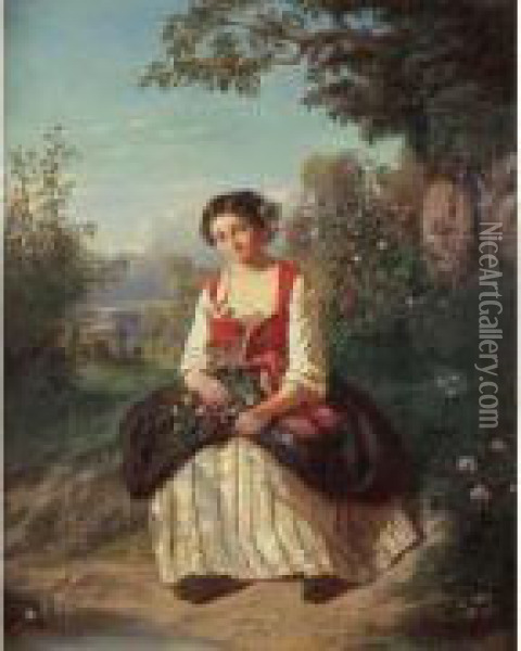 Jeune Fille Aux Fleurs, Circa 1850. Oil Painting - Dominique Alphonse Negre