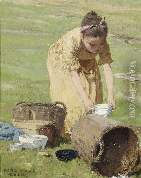 A Young Girlpreparing A Picnic Oil Painting - Carl von Marr
