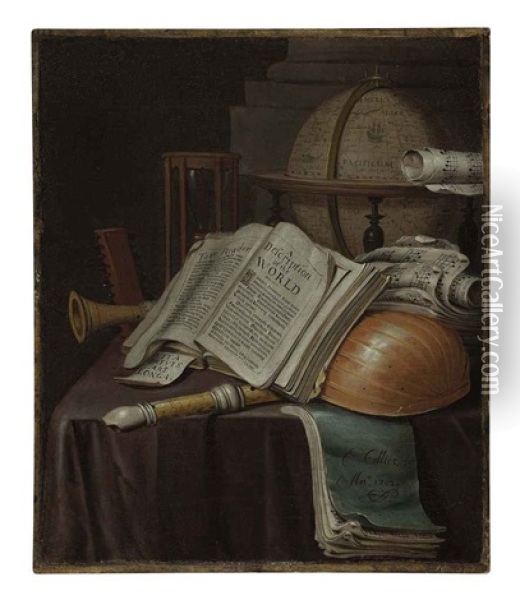 A Vanitas Still Life With An Open Book, A Lute, Recorders, Scores, A Globe And An Hourglass On A Draped Table Oil Painting - Edward Collier