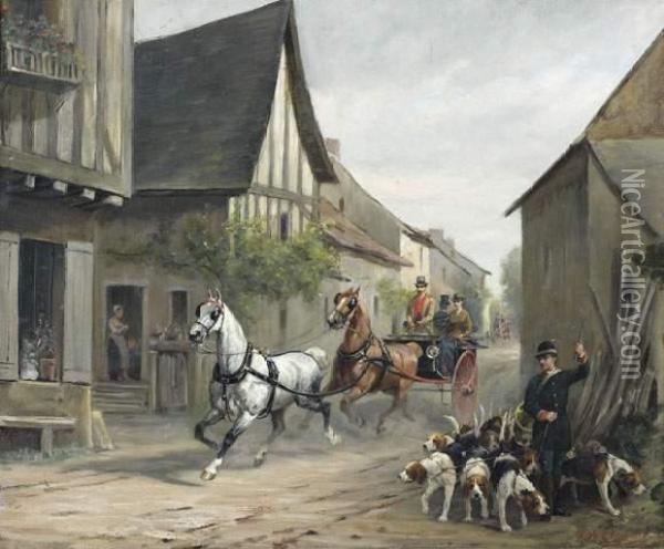 Adhemar De Clermont-gallerande : Depart De La Chasse A Courre Oil Painting - Adhemar Louis Vicomte De Clermont-Gallerande