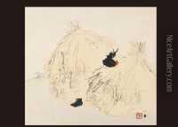 Two Cranes Oil Painting - Seiho Takeuchi