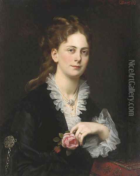 Portrait of Antonie Freifrau von Doblhoff, bust-length, holding a rose Oil Painting - Carl Von Blaas