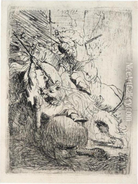 The Small Lion Hunt (with One Lion) (b., Holl.116; H.6; Bb.29-3) Oil Painting - Rembrandt Van Rijn