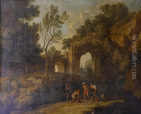 An Italianate River Landscape With Fishermenhauling In Their Nets Before A Waterfall Oil Painting - Andrea Locatelli