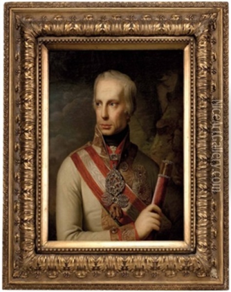 Kaiser Franz I. Mit Marschallsstab Und Den Insignien Des Ordens Vom Goldenen Vlies Oil Painting - Johann Baptist Lampi the Elder
