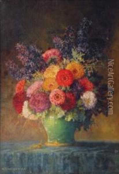 Herbstblumenstraus In Gruner Vase Oil Painting - Max Theodor Streckenbach