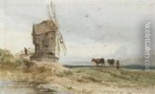 A Windmill With Cattle And A Drover Beneath Oil Painting - Thomas Shotter Boys