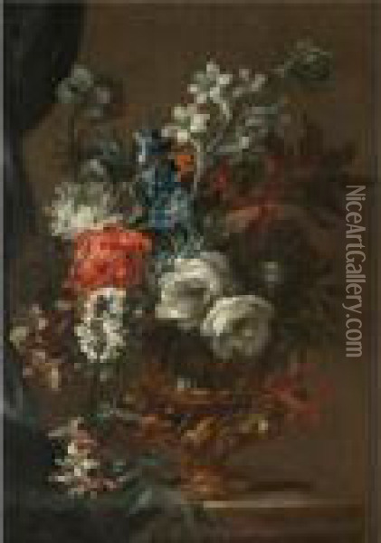 A Still Life With A Bouquet Of Flowers In A Bronze Urn On A Stone Ledge Oil Painting - Jean Baptiste Belin de Fontenay