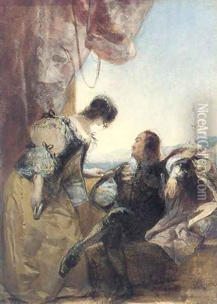 A cavalier and his lady on a terrace, Genoa, Italy Oil Painting - Richard Parkes Bonington