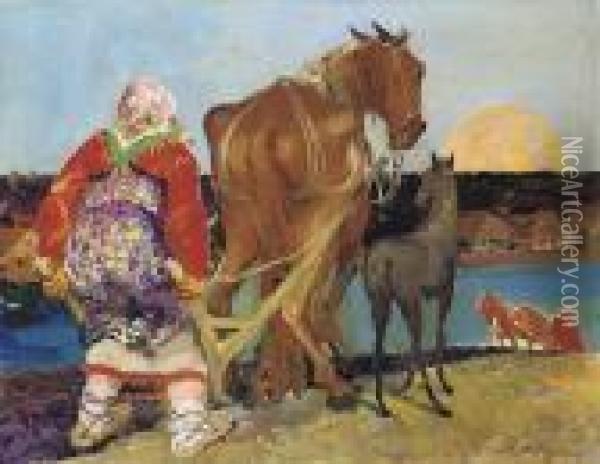 Ploughing At Sunset Oil Painting - Philippe Andreevitch Maliavine