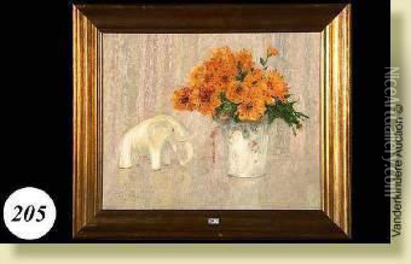 Nature Morte Aux Fleurs Et A L'elephant En Porcelaine Oil Painting - Constant Montald