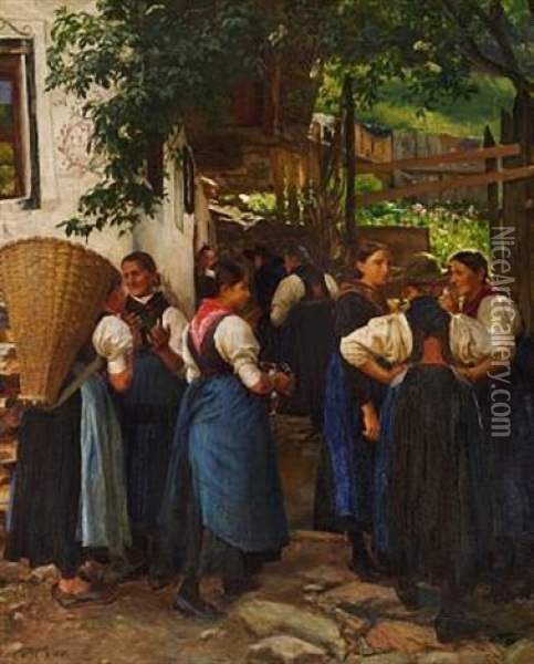 Women Chatting In Sarntal By Botz, Tyrol Oil Painting - Hans Ole Brasen