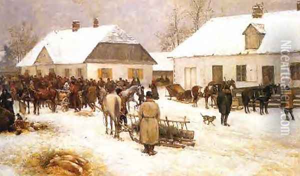 Market in a Small Town Oil Painting - Ryszard Okninski