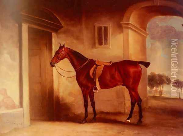 A Saddled Bay Hunter In A Stableyard Oil Painting - John Snr Ferneley