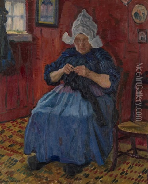 Old Lady Knitting Oil Painting - Arnold Borisovich Lakhovsky