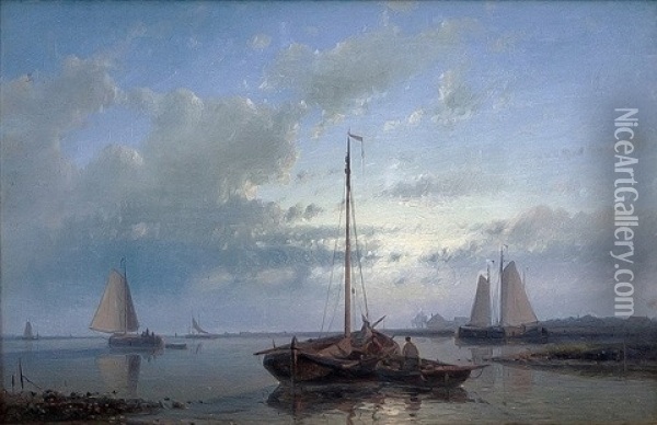 Fishing Boats At Sunset (a Pair) Oil Painting - Abraham Hulk the Elder