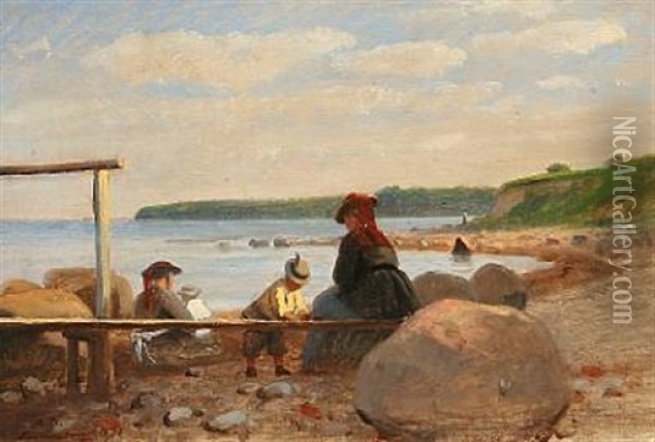 Children And Their Mothers On Lundeborg Beach Oil Painting - Anton Laurids Johannes Dorph