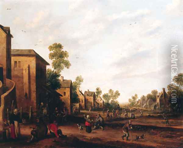 A village street with boors smoking and drinking outside an inn, beggars and travellers beyond Oil Painting - Joost Cornelisz. Droochsloot