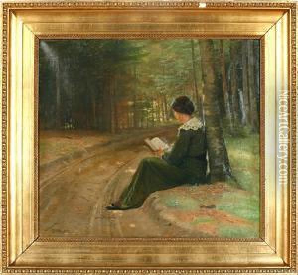 A Reading Girl By A Forest Road Oil Painting - Otto Haslund