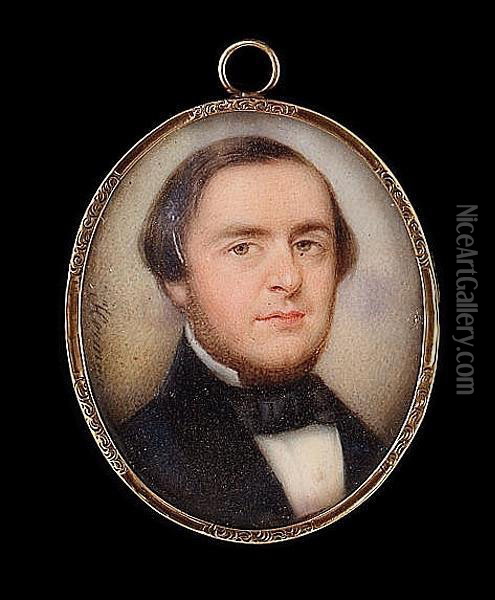 A Miniature Portrait Of A Bearded Gentleman, Wearing A Black Coat And Stock Oil Painting - Louis-Theodore Hermann