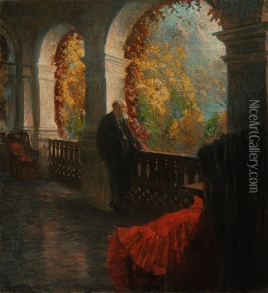 Der Chirurg Theodor Billroth Auf Seiner Terrasse In Sankt Gilgen, Wolfgangsee Oil Painting - Ferdinand Dorsch