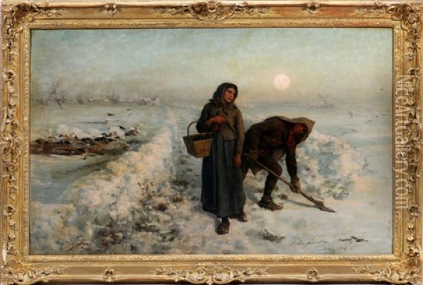 Winter Moonlit Scene With Figures Oil Painting - Jules Breton