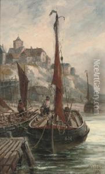Fishing Boats Moored In Shoreham Harbour Oil Painting - Richard Henry Nibbs