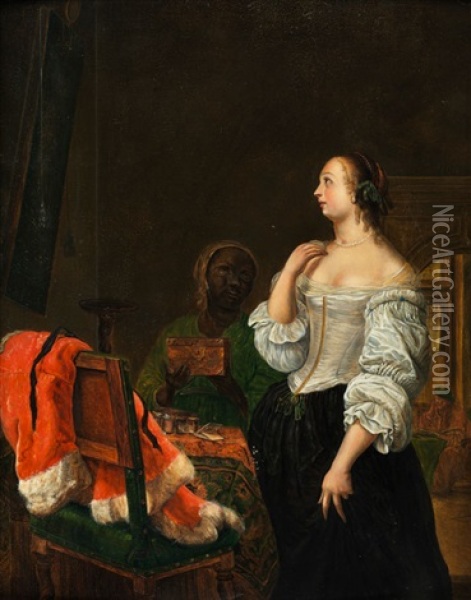 Einer Dame Wird Von Einer Dienerin Eine Schmuckkassette Gereicht Oil Painting - Frans van Mieris the Elder